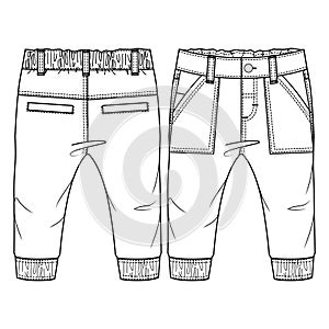 Baby Boys Pant fashion flat sketch template. Technical Fashion Illustration. Woven CAD