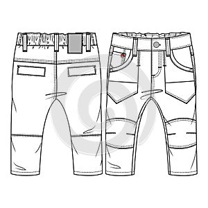 Baby Boys Slim Fit Pant with apply pockets and Knee detail fashion flat sketch template. Technical Fashion Illustration.