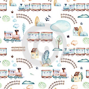 Baby boys world. Cartoon airplane, plane and waggon locomotive watercolor illustration pattern. Child toys birthday