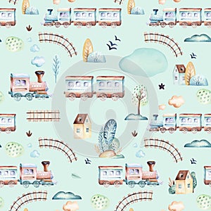 Baby boys world. Cartoon airplane, plane and waggon locomotive watercolor illustration pattern. Child toys birthday