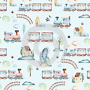 Baby boys world. Cartoon airplane, plane and waggon locomotive watercolor illustration pattern. Child toys birthday