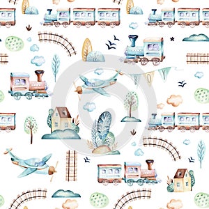 Baby boys world. Cartoon airplane, plane and waggon locomotive watercolor illustration pattern. Child toys birthday