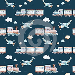 Baby boys world. Cartoon airplane, plane and waggon locomotive watercolor illustration pattern. Child toys birthday