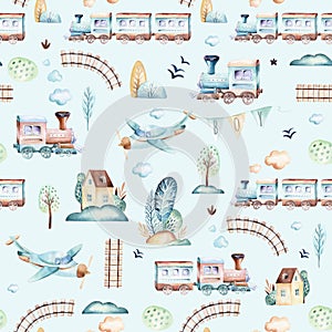 Baby boys world. Cartoon airplane, plane and waggon locomotive watercolor illustration pattern. Child toys birthday photo