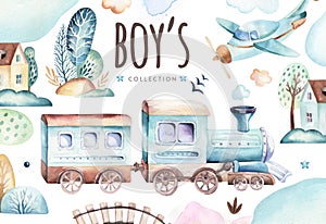 Baby boys world. Cartoon airplane and waggon locomotive watercolor illustration. Child birthday set of plane, and air