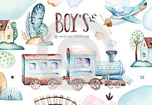 Baby boys world. Cartoon airplane and waggon locomotive watercolor illustration. Child birthday set of plane, and air