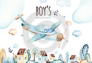 Baby boys world. Cartoon airplane and waggon locomotive watercolor illustration. Child birthday set of plane, and air