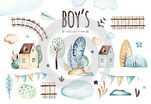 Baby boys world. Cartoon airplane and waggon locomotive watercolor illustration. Child birthday set of plane, and air