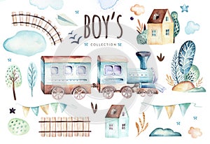 Baby boys world. Cartoon airplane and waggon locomotive watercolor illustration. Child birthday set of plane, and air