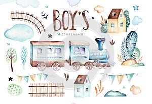 Baby boys world. Cartoon airplane and waggon locomotive watercolor illustration. Child birthday set of plane, and air