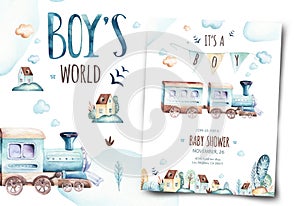 Baby boys world. Cartoon airplane and waggon locomotive watercolor illustration. Child birthday set of plane, and air