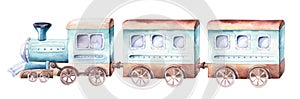 Baby boys world. Cartoon airplane and waggon locomotive watercolor illustration. Child birthday set of plane, and air