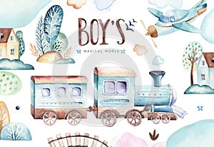 Baby boys world. Cartoon airplane and waggon locomotive watercolor illustration. Child birthday set of plane, and air photo