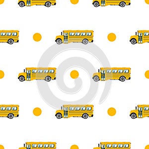 Baby bright cartoon bus vector seamless pattern on white background. Funny cute hand drawn kids toy transport.