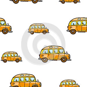 Baby bright cartoon bus vector seamless pattern on white background.