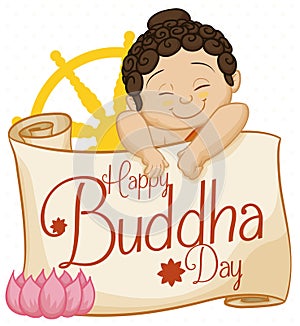 Baby Buddha with Commemorative Scroll, Lotus and Dharma Wheel, Vector Illustration