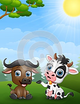 Baby buffalo and baby cow cartoon in the jungle
