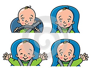 Baby in car icon set. Boy or girl in the seat