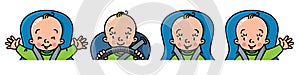 Baby in car icon set. Boy or girl in the seat