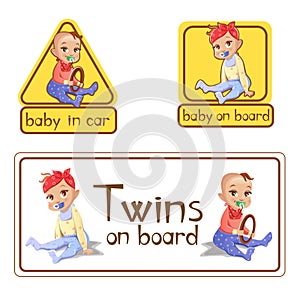 Baby in car sign stickers illustration or twins on board caution warning labels isolated set