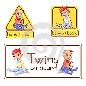 Baby in car sign stickers vector illustration or twins on board caution warning labels isolated set