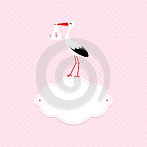 Baby Card Girl And Stork On Cloud Dots Background Pink