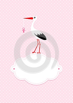 Baby Card Girl Stork On Cloud With Pacifier Dots Background Pink