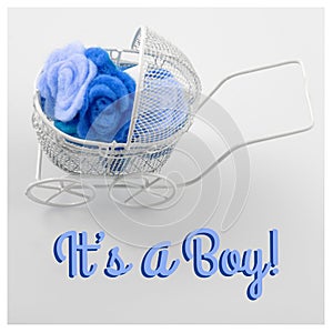 Baby card - Its a boy theme. Pram full of flowers on white background. Newborn greeting card.