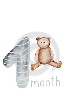 Baby card watercolor illustration with number 1. Cute metric hand drawing with birth month and teddy bear. Clip art