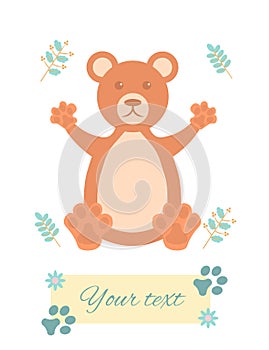 Baby cards for Baby shower. Soft toy bear. Postcard or party templates in blue and pink with charming animals