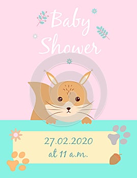 Baby cards for Baby shower. Squirrel. Postcard or party templates in blue and pink with charming animals.