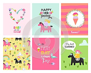 Baby Cards with Hand Drawn Girls on Ponies. Childish Posters for Children Party Decoration