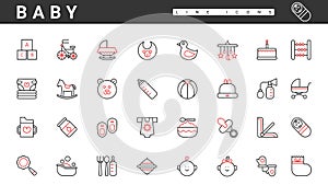 Baby care appliance, accessories and pictogram objects, thin red black line icons set