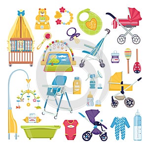 Baby care objects, newborn accessories vector illustrations set. Cute scrapbook for girl with baby elements. Infant