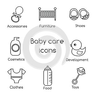 Baby care outline icons. Newborn baby clothes, baby booties, toys and other vector icons, symbols