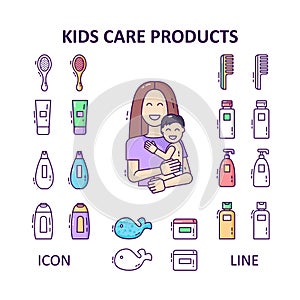 Baby care products and baby cosmetics. Happy mother holds a baby in a diaper line icon