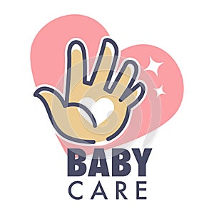 Baby care service isolated icon with heart and human palm