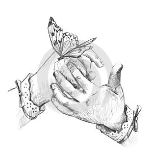 Baby caring hands hold a cute butterfly
