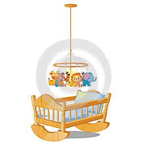 Baby carousel with hanging toys over wooden cot isolated on white background. Vector cartoon close-up illustration.