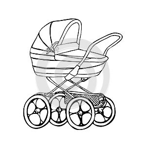 Baby carriage, hand drawn doodle gravure vintage style, sketch, outline vector