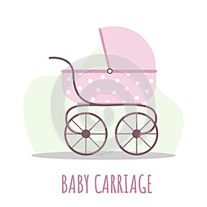 Baby carriage icon. Pink pram on white background. Vector illustrations in flat style.