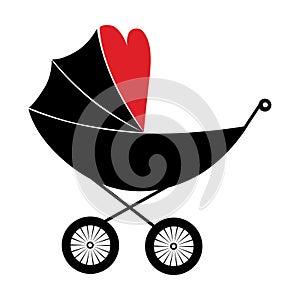 Baby carriage icon on white background. A symbol of the birth of a child, maternal care and love. Vector isolated illustration