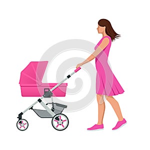 Baby carriage isolated on a white background. Kids transport. Strollers for baby boys or baby girls. Woman with baby