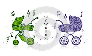 Baby carriage, ornate silhouette for your design