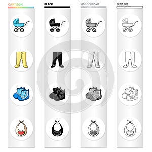 Baby carriage, pantyhose, children`s booties, breast bib. Baby care set collection icons in cartoon black monochrome