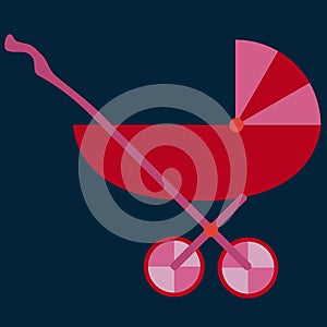 Baby Carriage Stroller. Red baby`s pram. Flat Design. Child Transport. Vector illustration