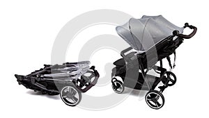 Baby carriage, stroller for twins isolated on white. Baby carriage in folded and open condition