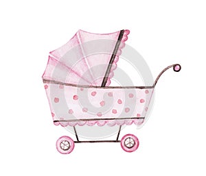 Baby carriage on a white background. Watercolor painting