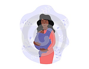 Baby carrier. Happy african american mother holding newborn in sling. Child is wrapped in babycarrier and sleeping. Vector flat