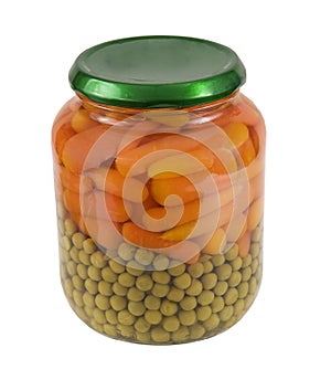 Baby carrots and peas in a jar
